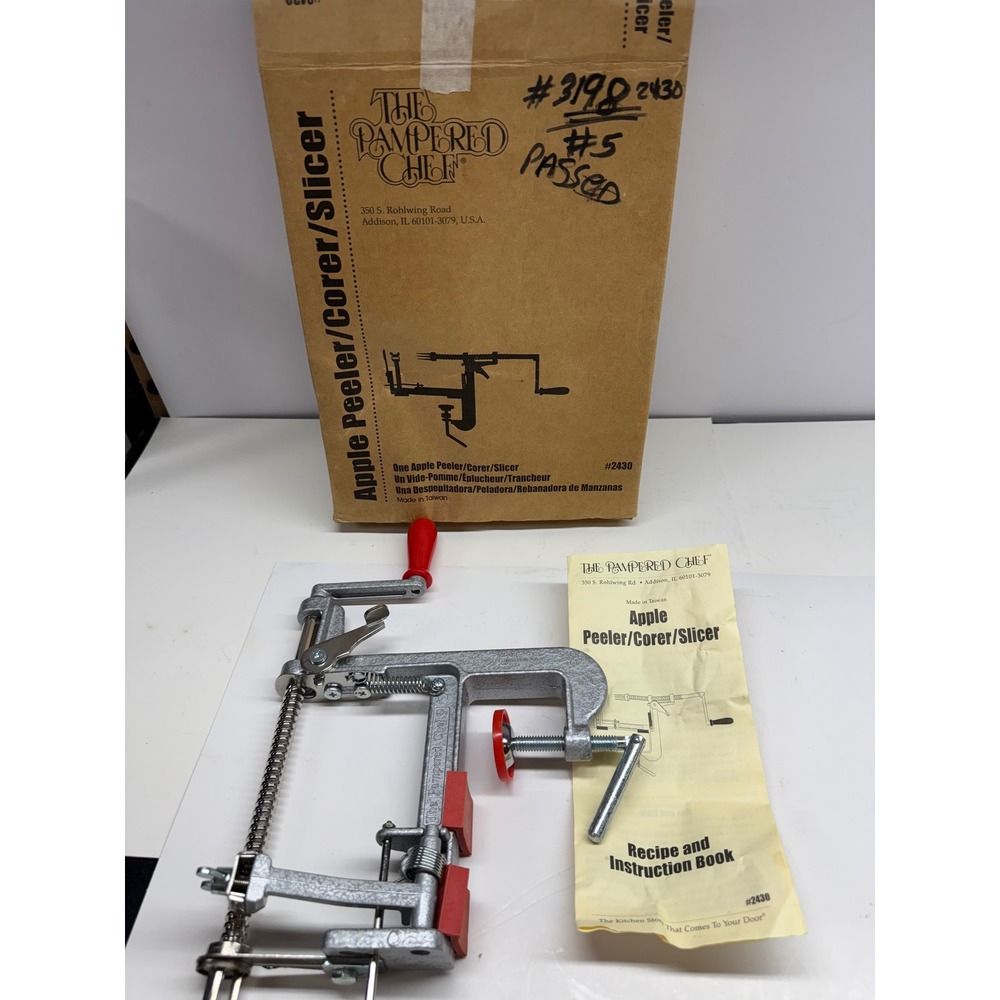 Pampered Chef Apple Peeler Corer Slicer 2430 Silver Cast Iron with Box & Manual